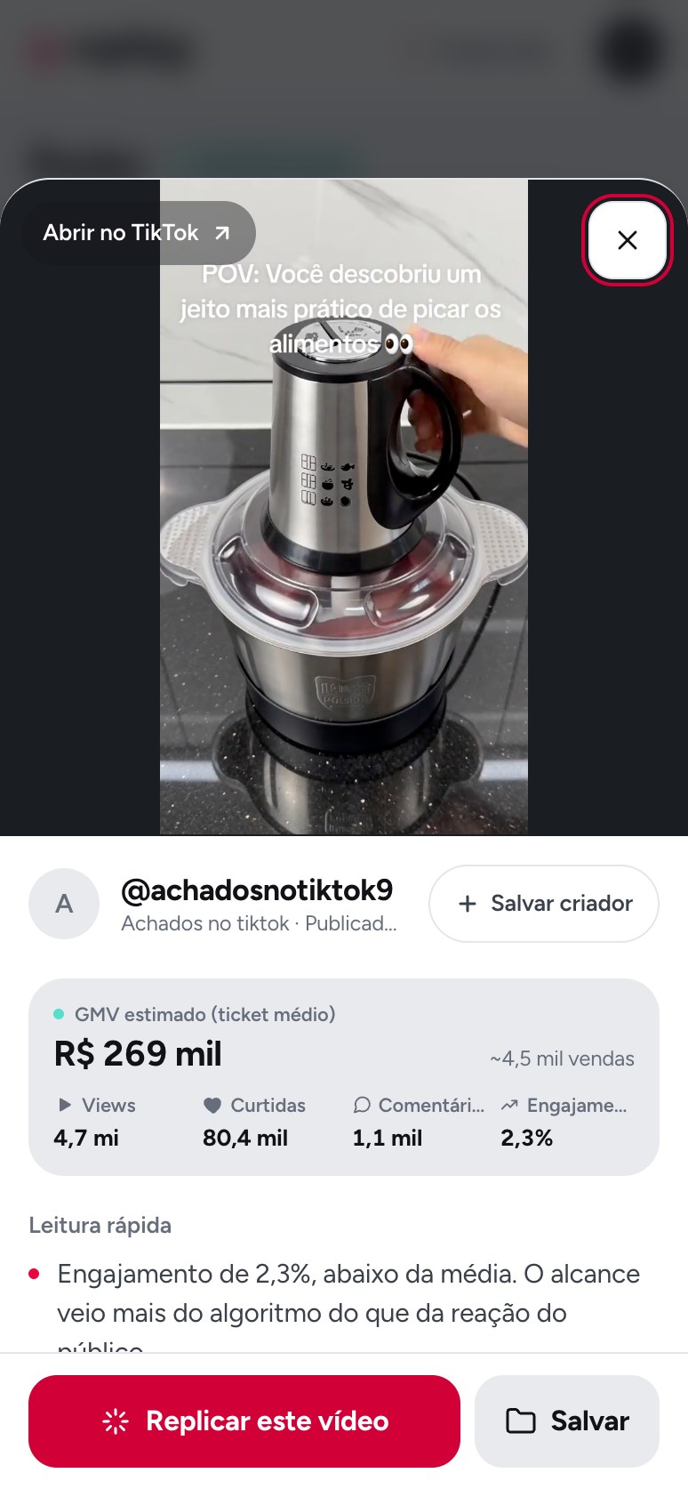 Tela do app: Cada vídeo com o GMV, as vendas e o engajamento